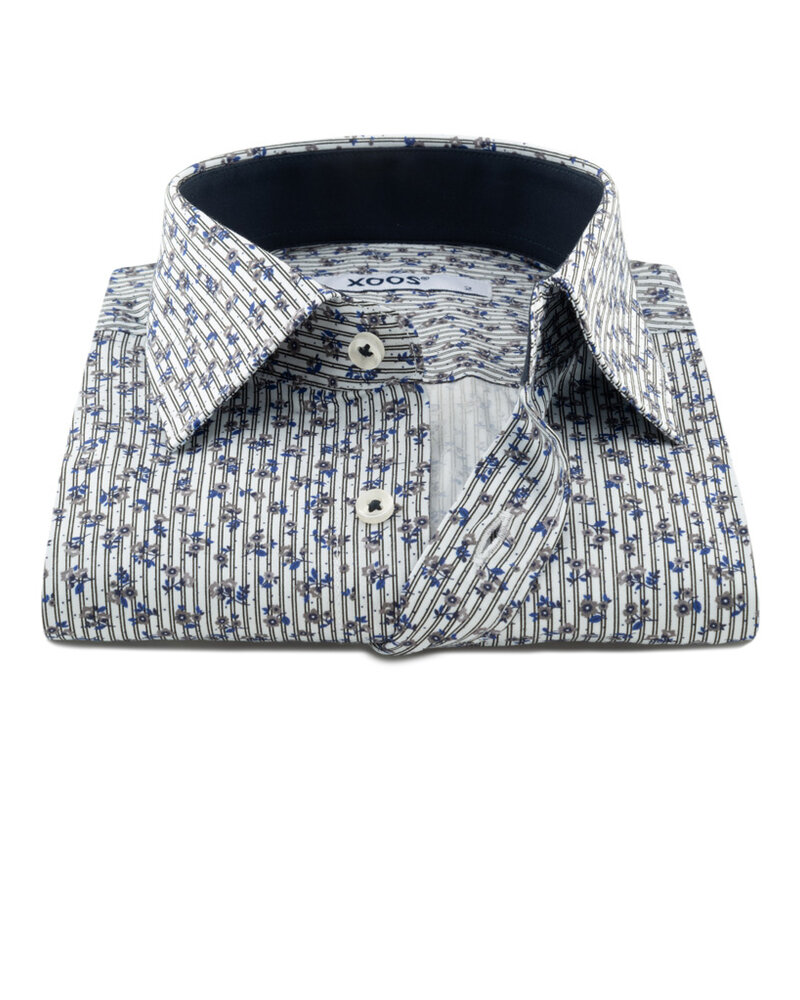 XOOS Chemise homme à rayures et motifs floral grises et bleues doublure marine