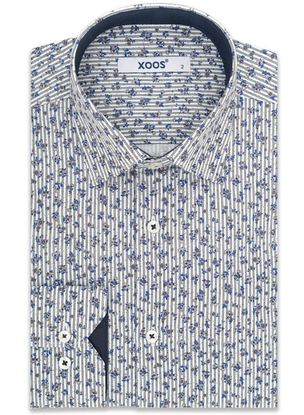 XOOS Chemise homme à rayures et motifs floral grises et bleues doublure marine