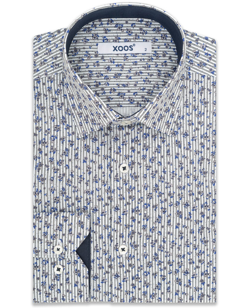 XOOS Chemise homme à rayures et motifs floral grises et bleues doublure marine