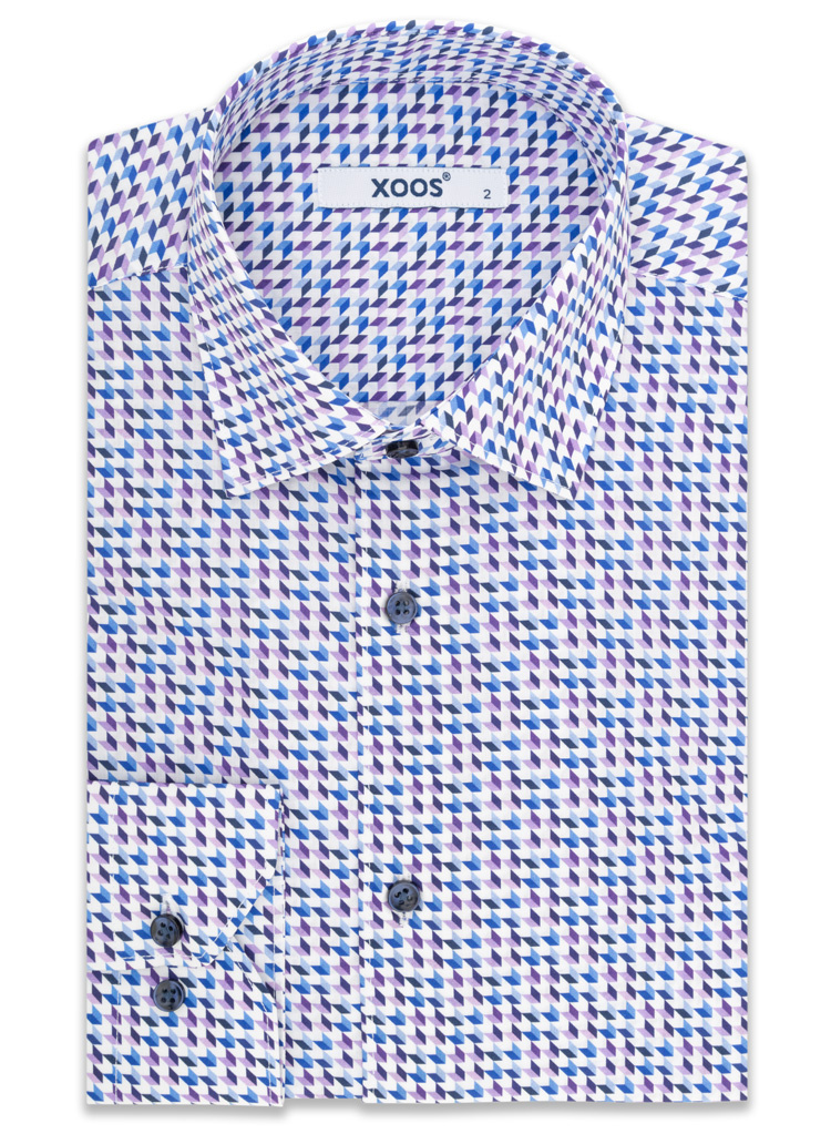 Men s shirt with blue and lavender houndstooth pattern and blue button XOOS.CA