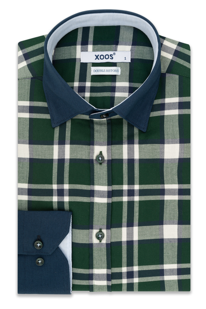 Chemise homme a carreaux vert anglais et manches bleu marine Double R XOOS.CA