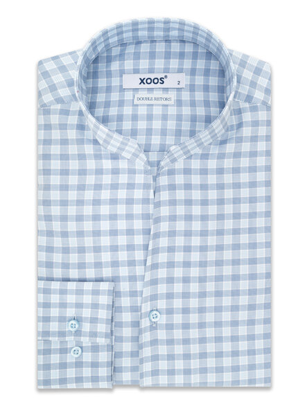 XOOS Chemise homme bleue à carreaux marine et col droit ouvert