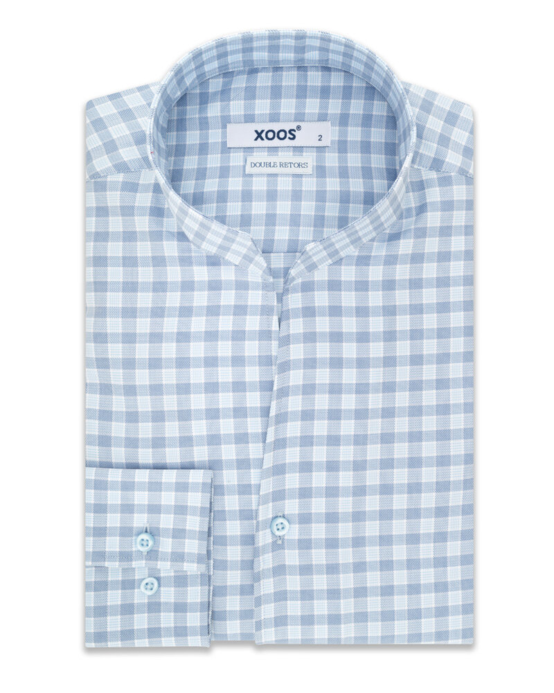 XOOS Men's blue dress shirt and navy checks with straight open collar