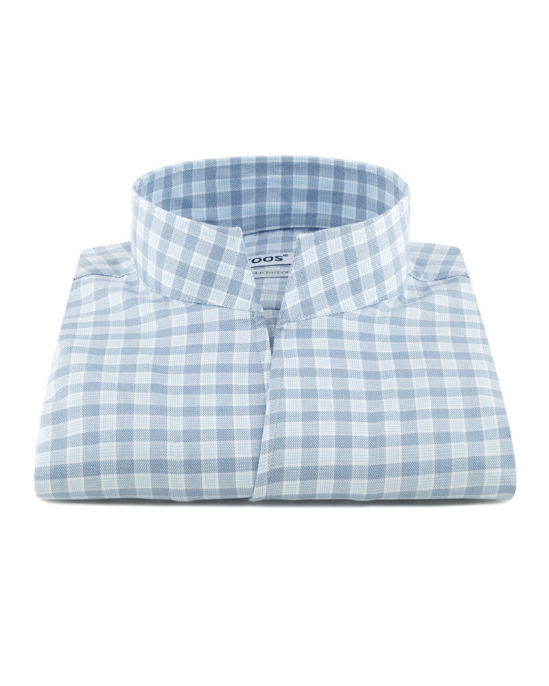 XOOS Men's blue dress shirt and navy checks with straight open collar