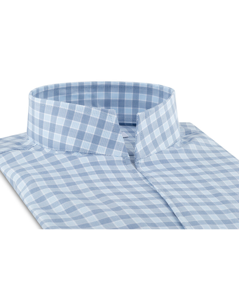 XOOS Men's blue dress shirt and navy checks with straight open collar