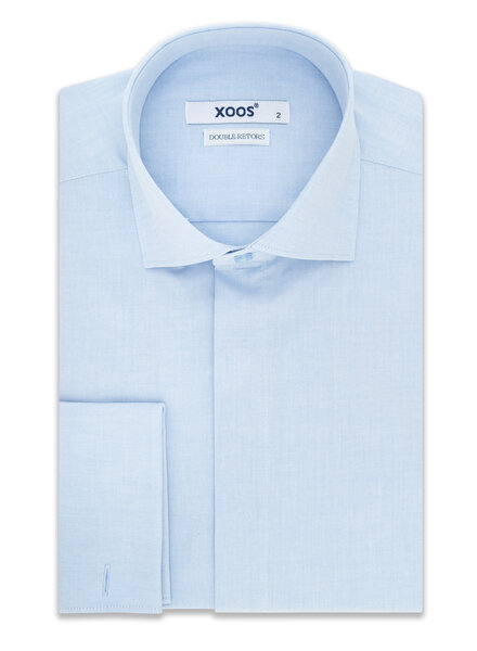 XOOS Chemise homme à poignets mousquetaire et gorge cachée en fil-à-fil bleu ciel (Double Retors)
