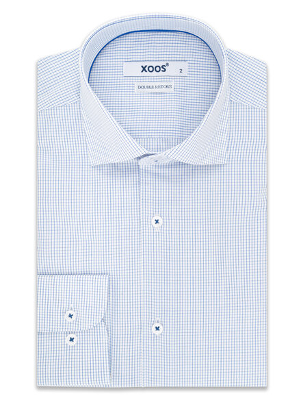 XOOS Chemise homme à très fins carreaux bleus et galon bleu (Double Retors)