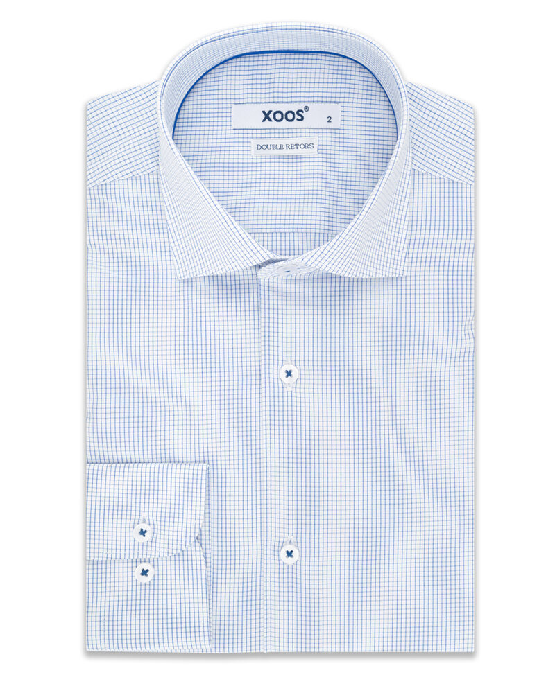 XOOS Chemise homme à très fins carreaux bleus et galon bleu (Double Retors)