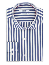 XOOS Men's NON-FITTED shirt with navy pinstripes and red trim (Double Twisted)