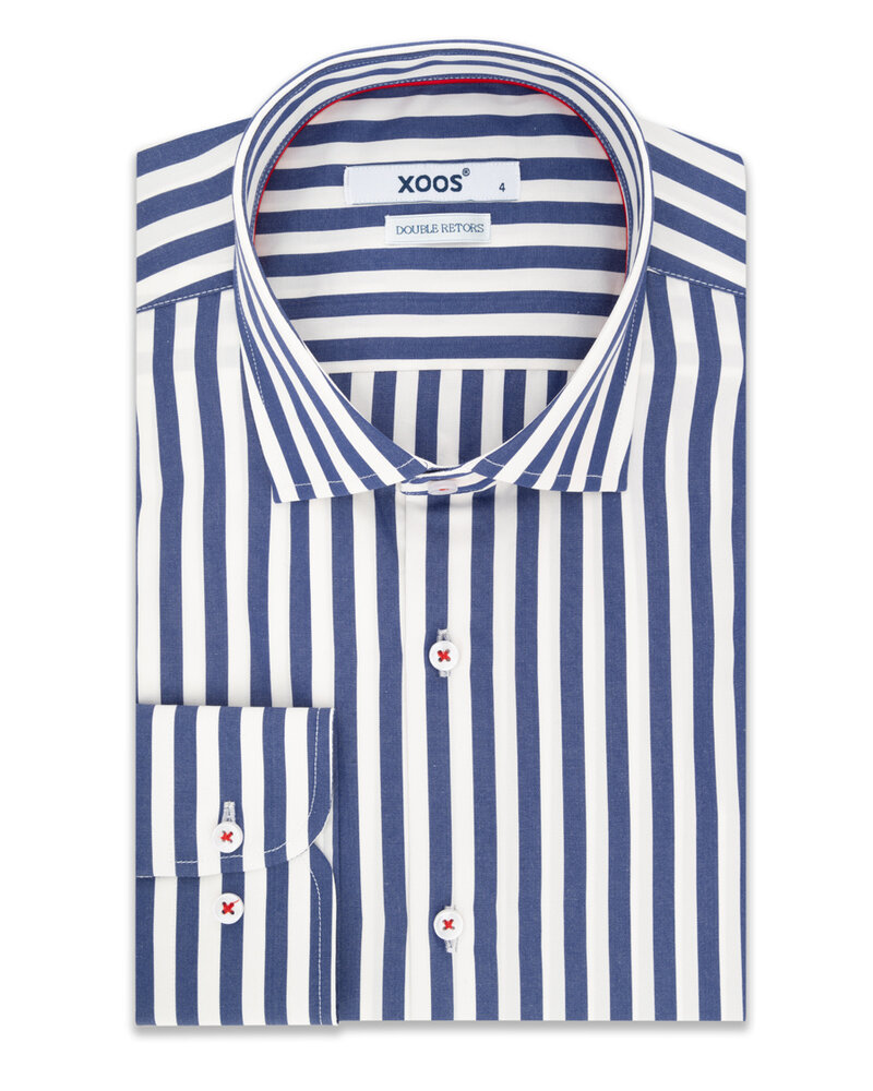 XOOS Chemise NON CINTRÉE à rayures baton marine et galon rouge (Double Retors)