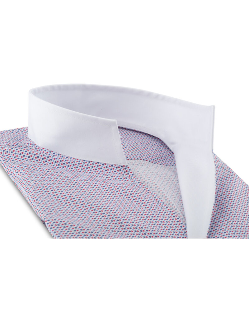 XOOS Men's shirt with blue and red polka dot print and open straight collar