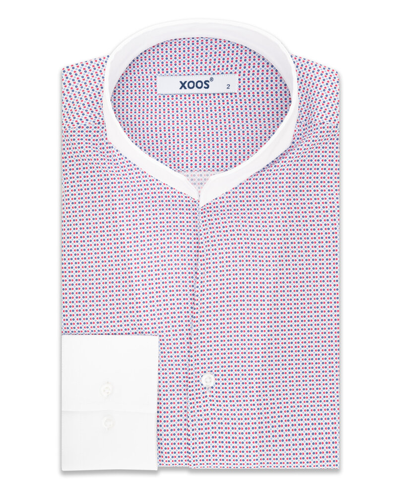XOOS Men's shirt with blue and red polka dot print and open straight collar