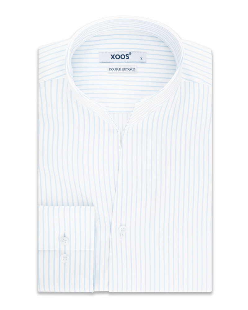 XOOS Chemise homme blanche à rayures ciel et col droit ouvert (Double Retors)