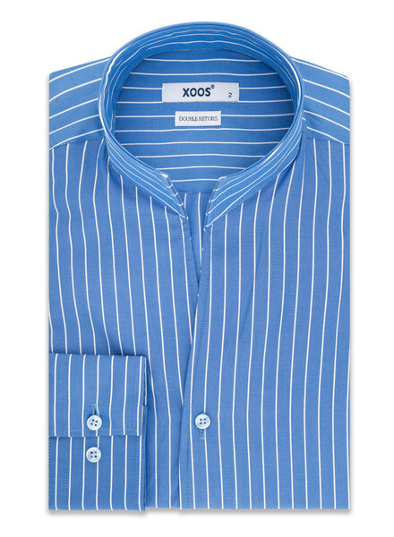 XOOS Chemise homme bleue à rayures et col droit ouvert (Double Retors)