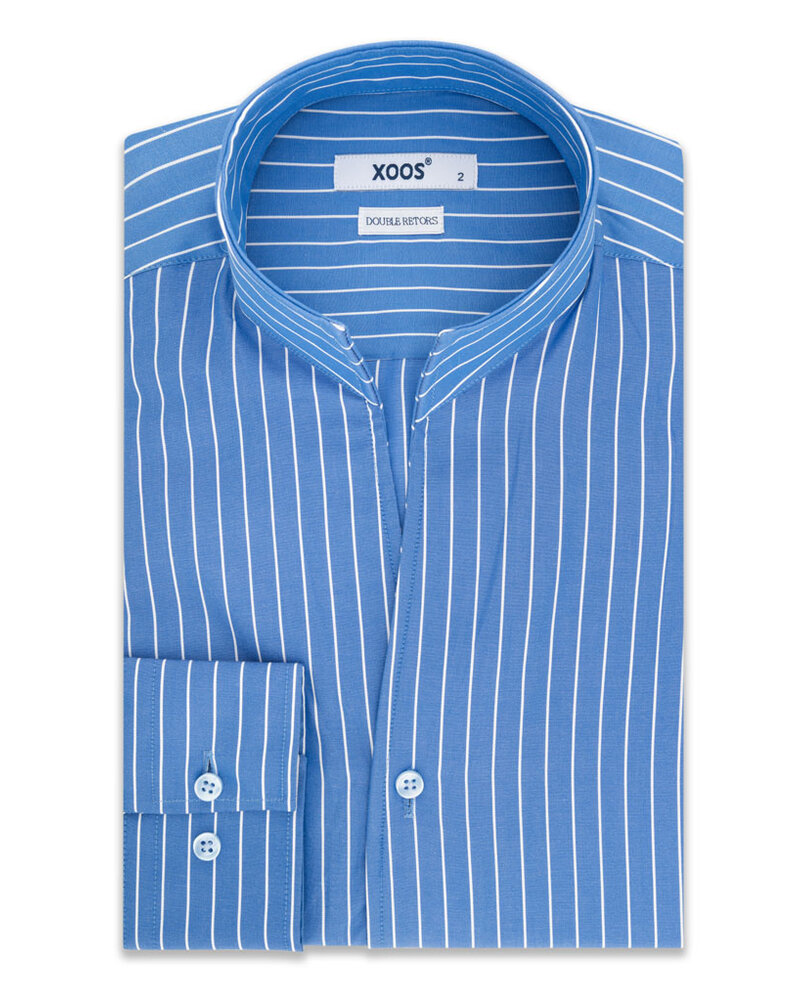 XOOS Chemise homme bleue à rayures et col droit ouvert (Double Retors)