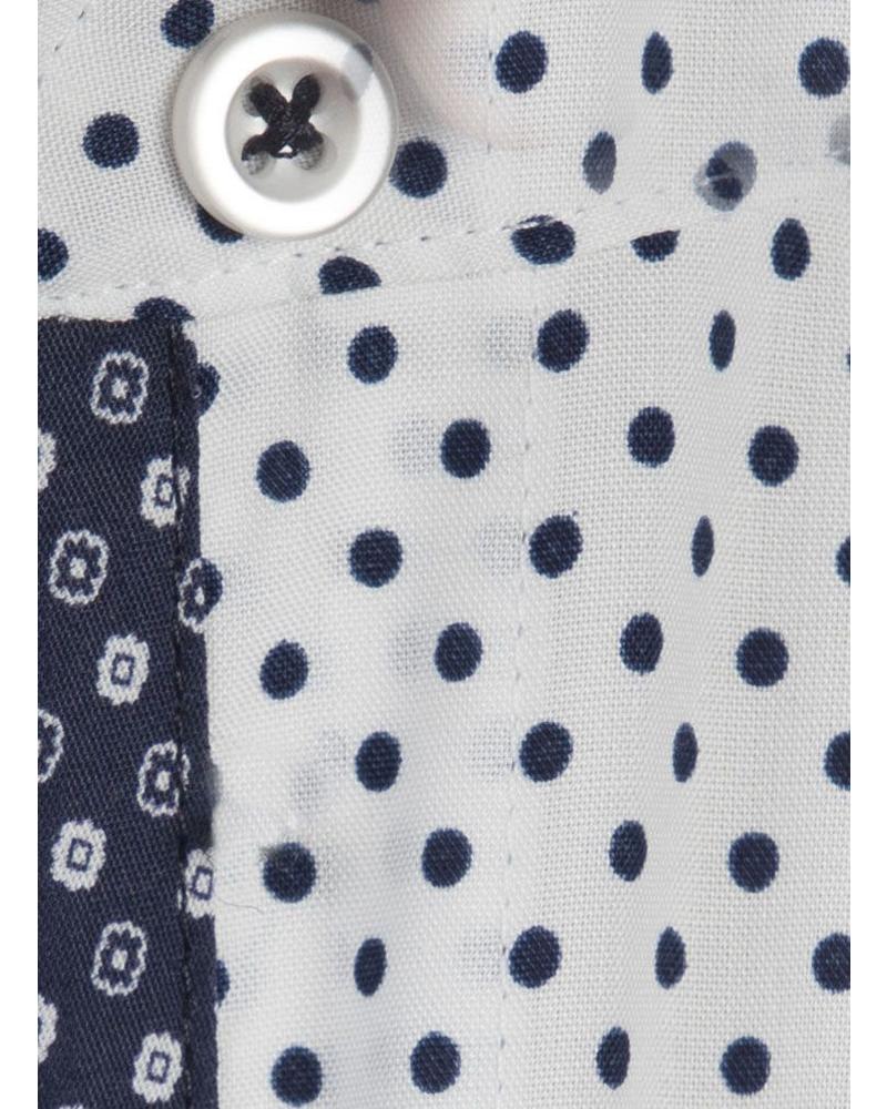 navy blue dress shirt with white polka dots
