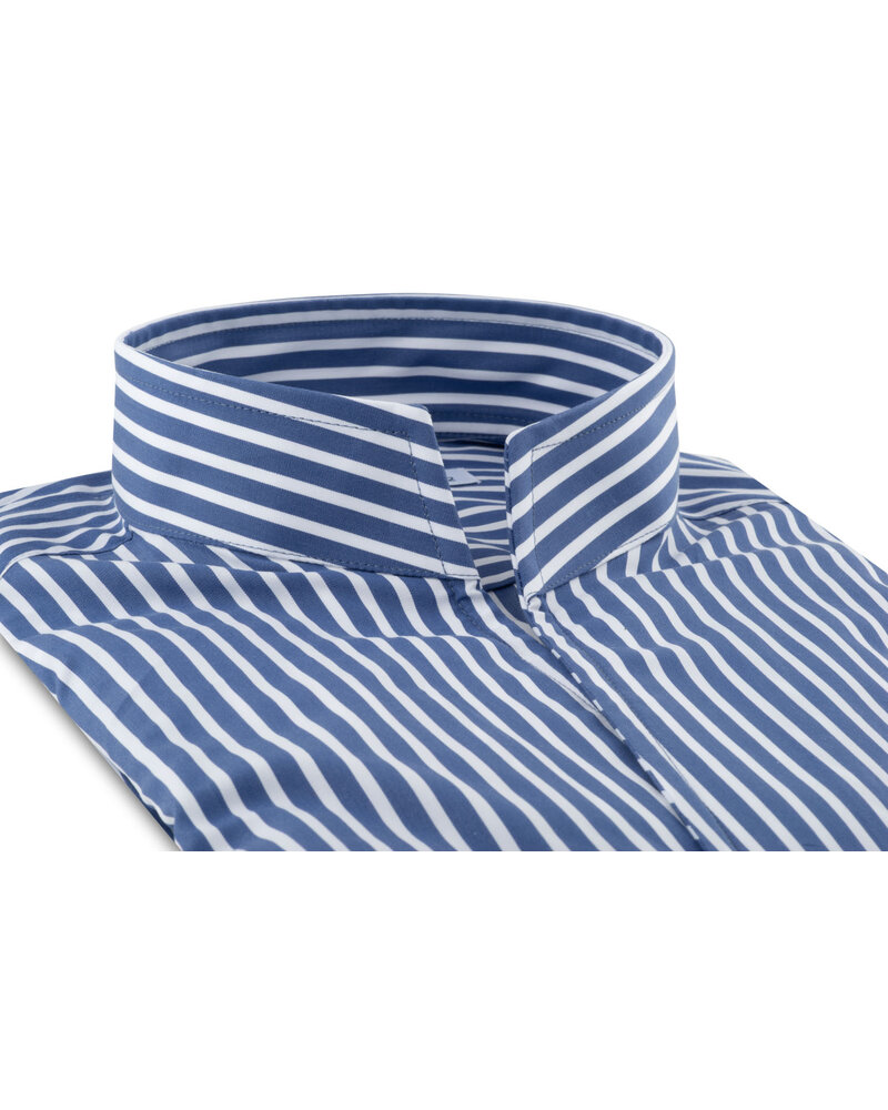XOOS Chemise homme bleue à rayures blanches et col droit ouvert (Double Retors)