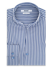 XOOS Chemise homme bleue à rayures blanches et col droit ouvert (Double Retors)