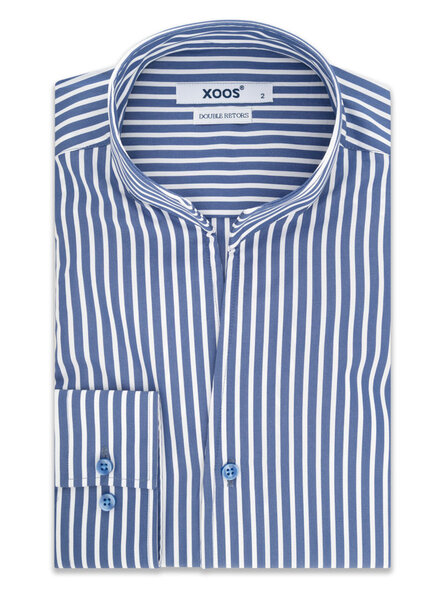 XOOS Chemise homme bleue à rayures blanches et col droit ouvert (Double Retors)