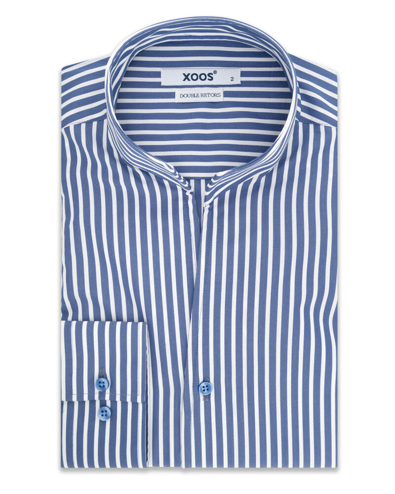 XOOS Chemise homme bleue à rayures blanches et col droit ouvert (Double Retors)