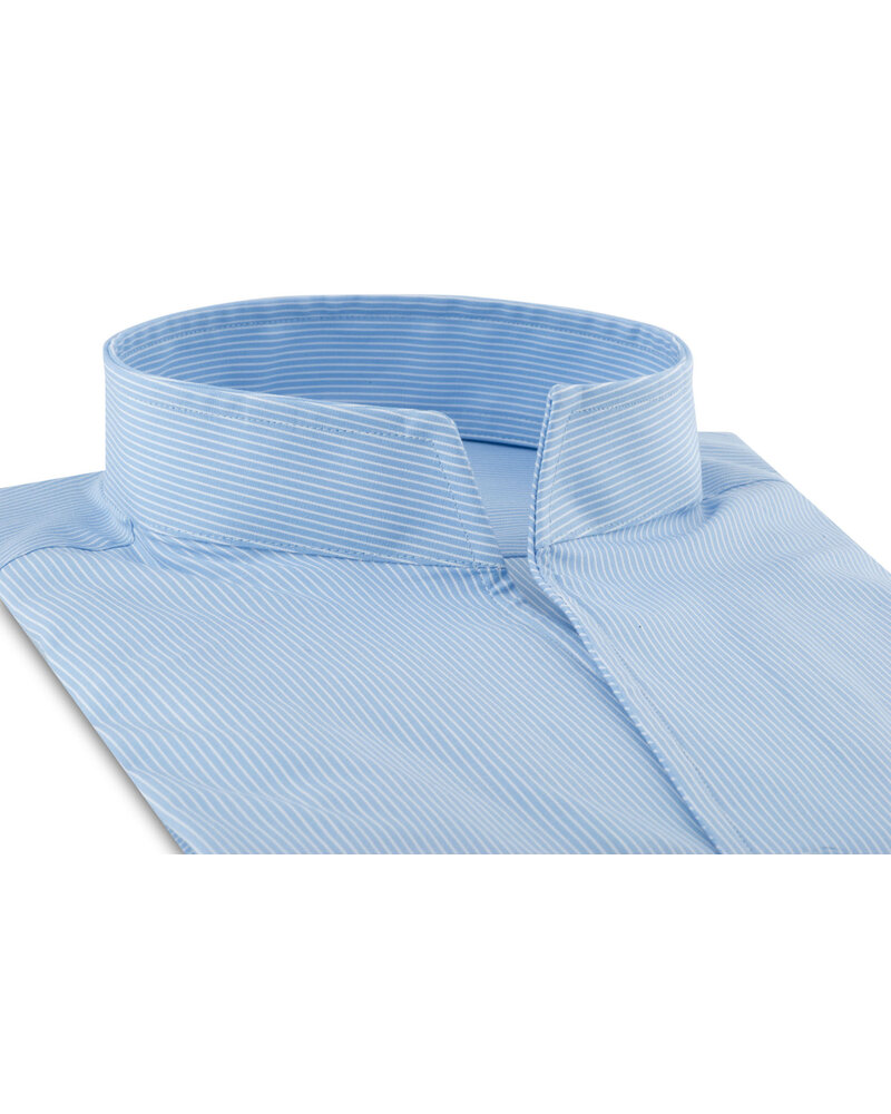 XOOS Chemise homme bleu ciel à très fines rayures blanches et col droit ouvert (Double Retors)