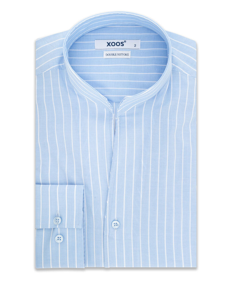 XOOS Chemise homme ciel à rayures blanches et col droit ouvert (Double Retors)