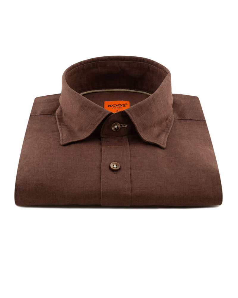 XOOS Men's fitted brown linen shirt with beige braid