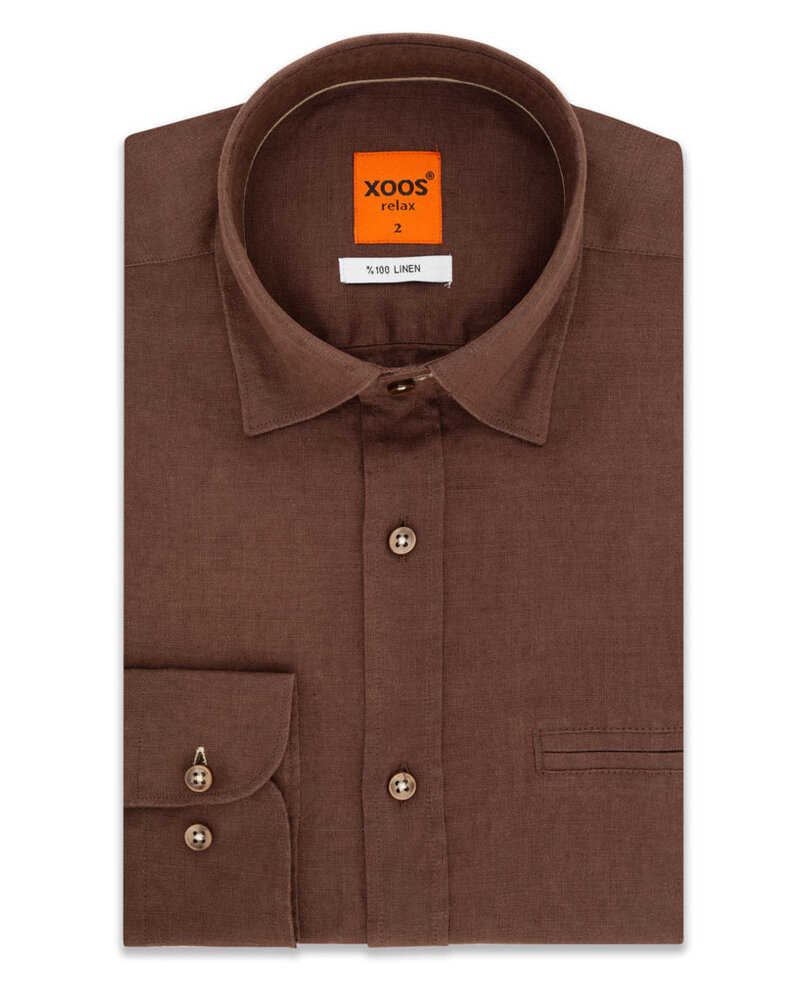 XOOS Men's fitted brown linen shirt with beige braid