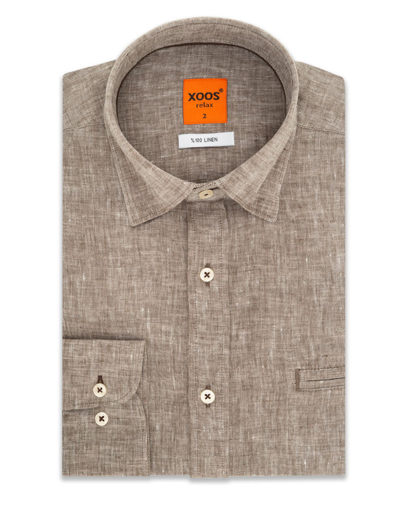 XOOS Men's fitted Taupe linen shirt with brown braid