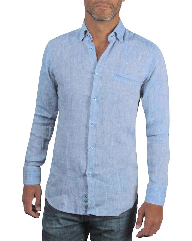 XOOS Chemise homme en lin bleu et galon marine