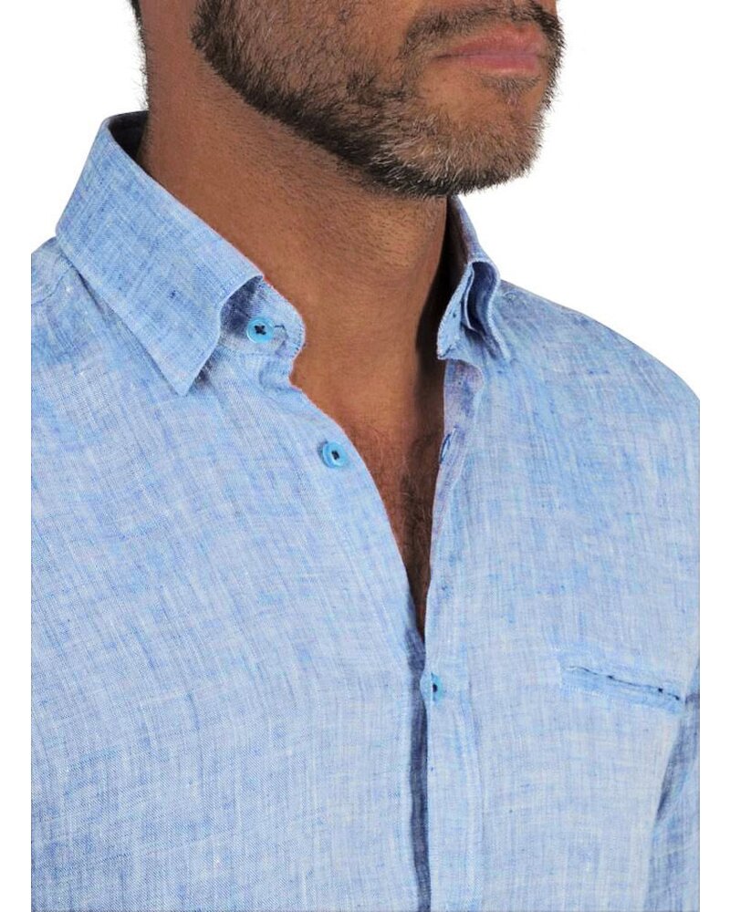 XOOS Chemise homme en lin bleu et galon marine