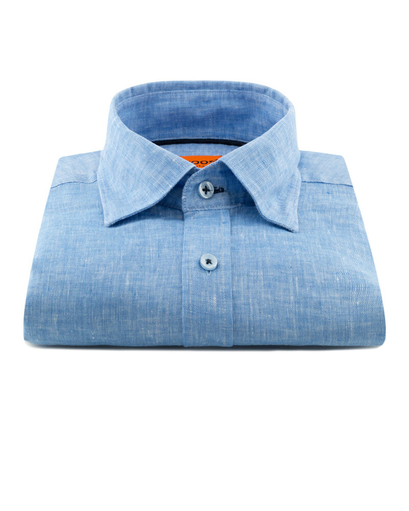 XOOS Chemise homme en lin bleu et galon marine