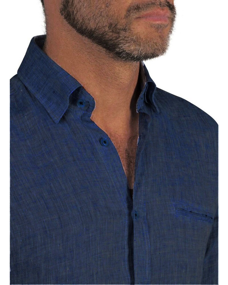 XOOS Chemise homme en lin marine et galon ciel