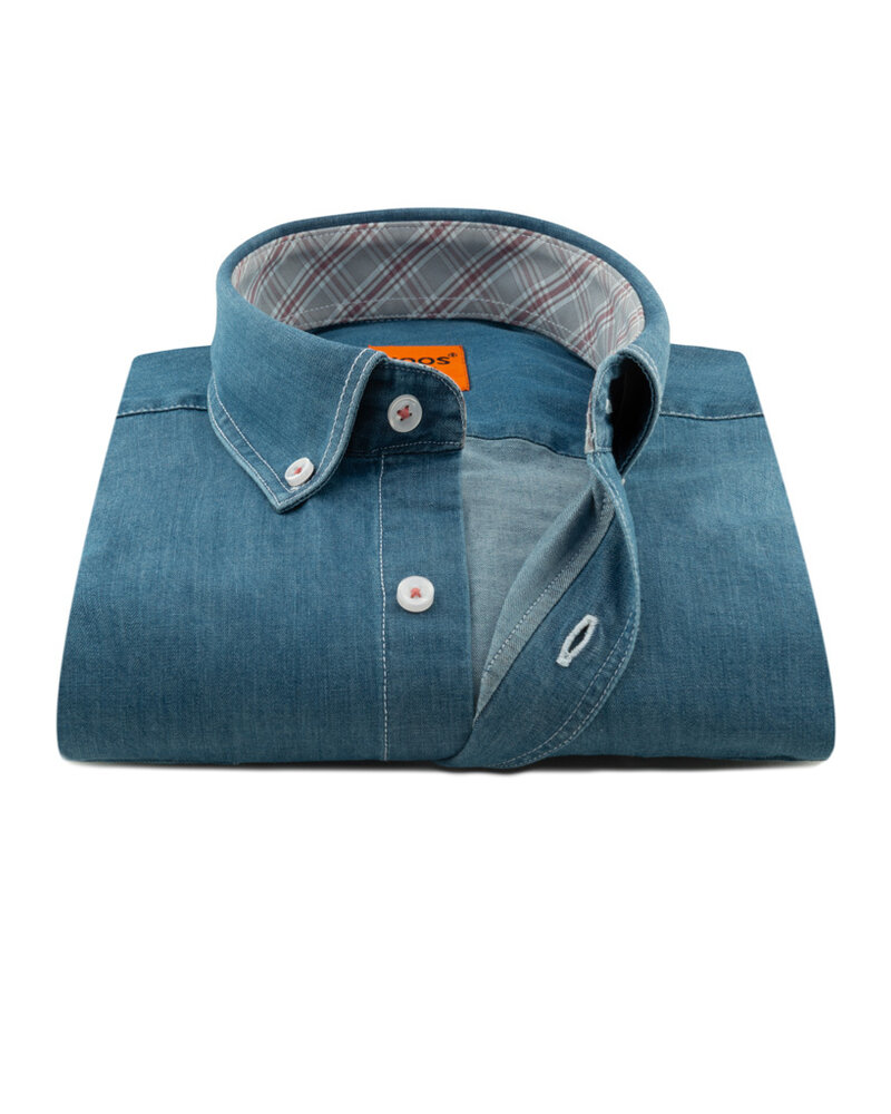 XOOS Men's Denim buttoned-down dress shirt Tartan collar lining
