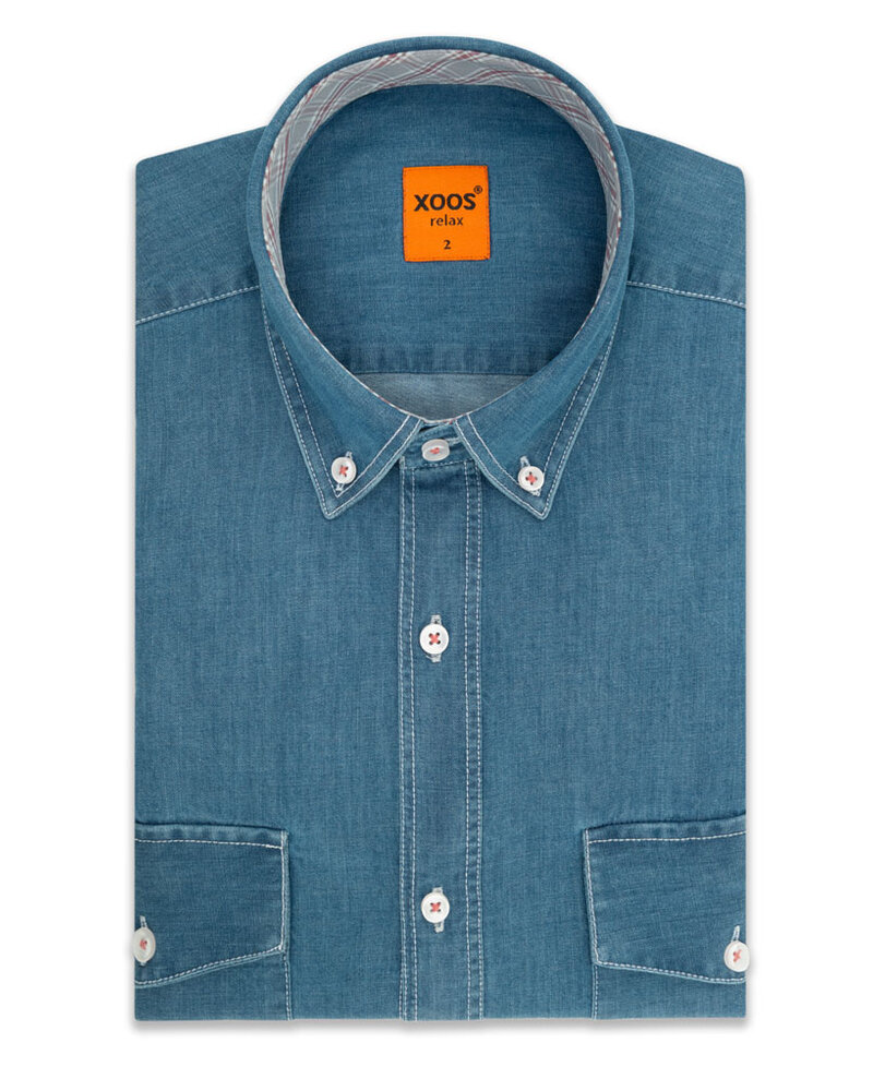 XOOS Men's Denim buttoned-down dress shirt Tartan collar lining