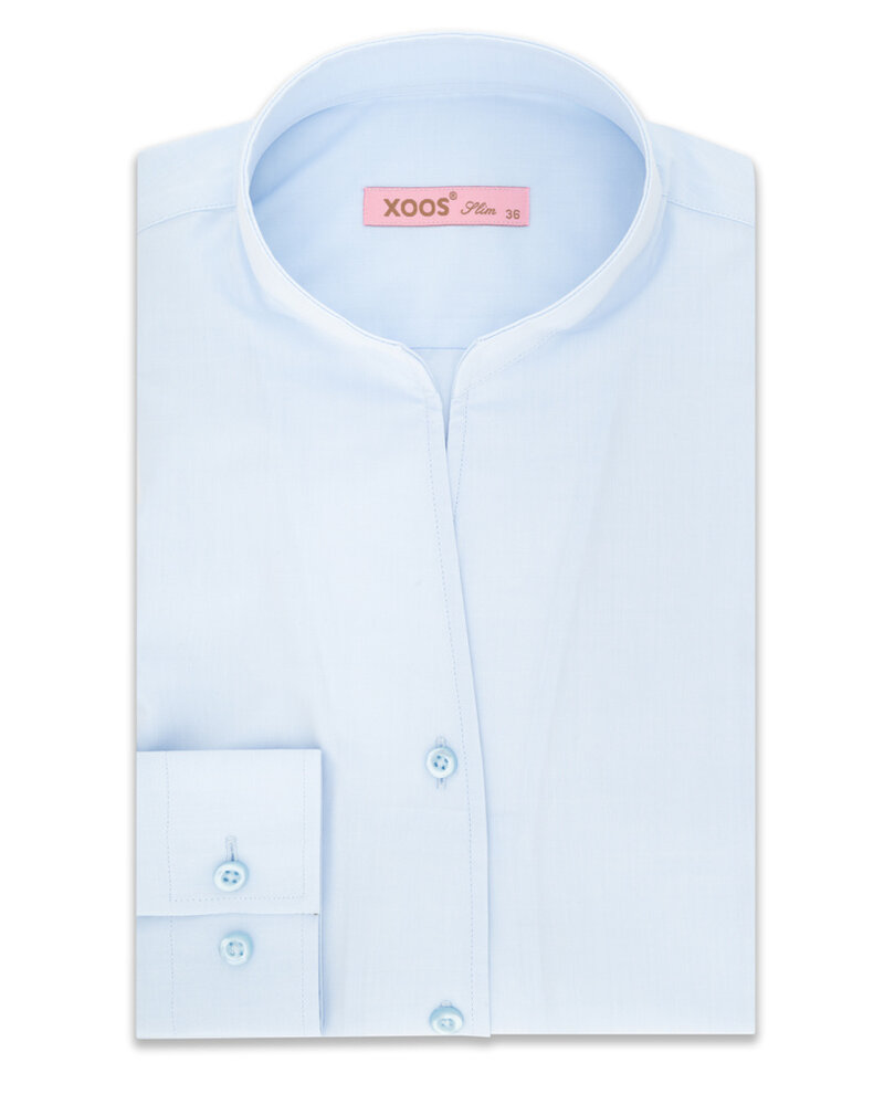 XOOS Chemisier femme en gabardine bleu diamant et col droit ouvert
