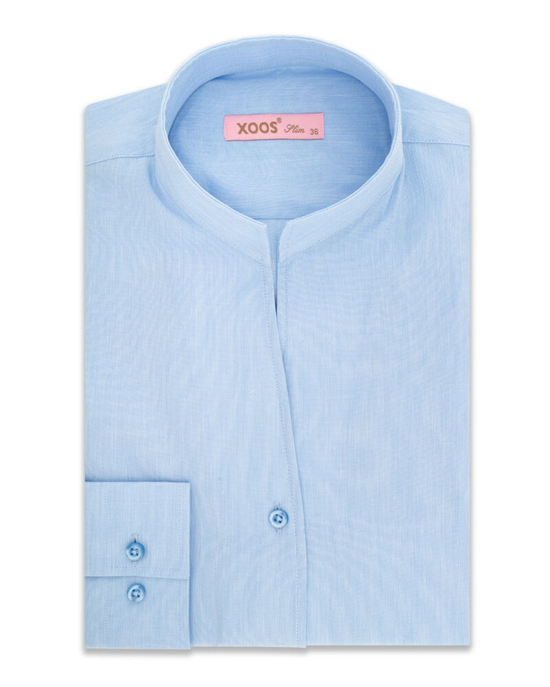 XOOS Chemisier femme en gabardine bleu et col droit ouvert