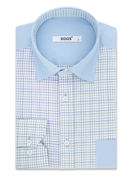 XOOS Men's blue checkered patchwork shirt