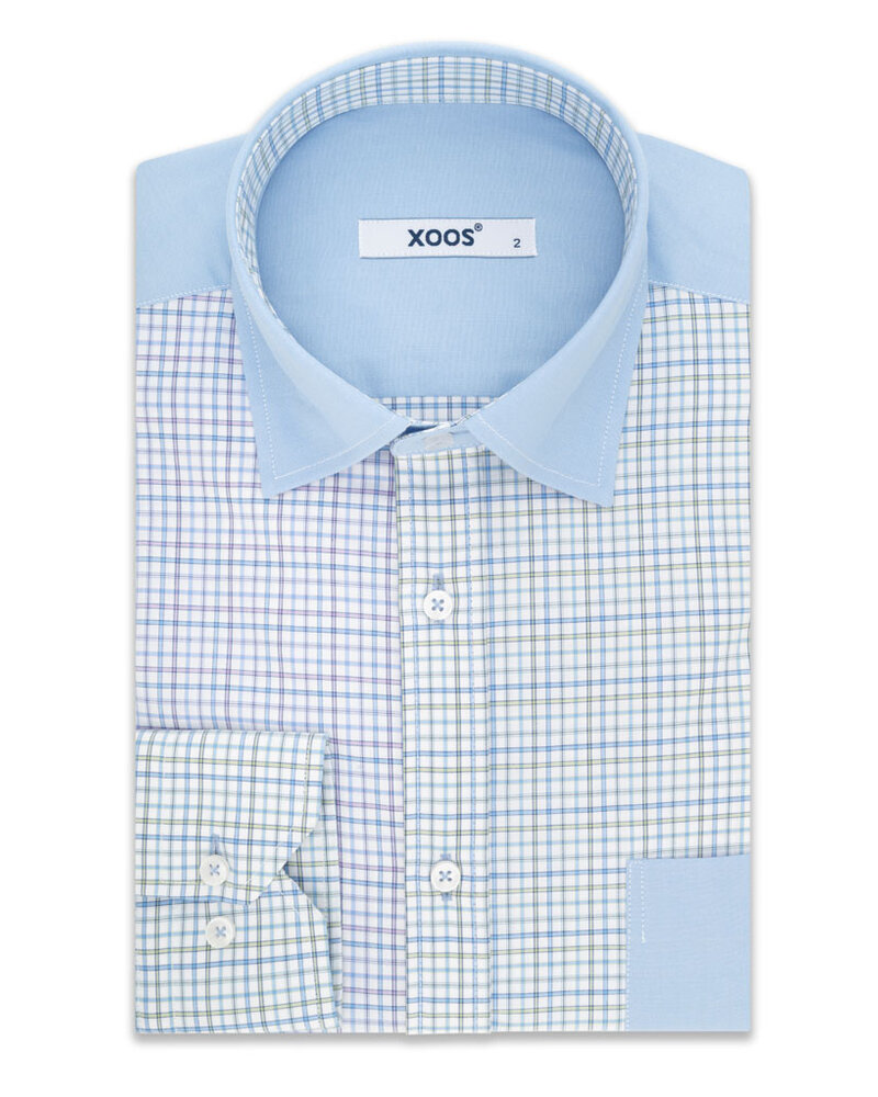 XOOS Men's blue checkered patchwork shirt