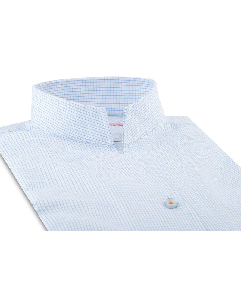 XOOS WOMEN blue fine woven checkered dress shirt with straight open collar
