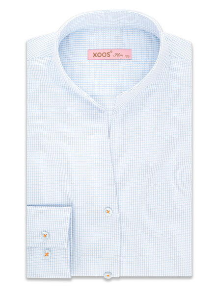 XOOS WOMEN blue fine woven checkered dress shirt with straight open collar