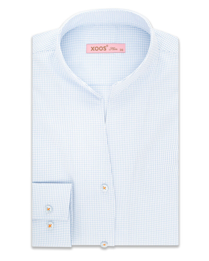 XOOS WOMEN blue fine woven checkered dress shirt with straight open collar