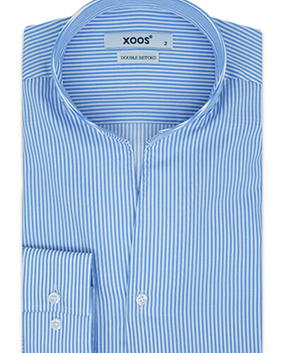 Men's light blue striped dress shirt with straight open