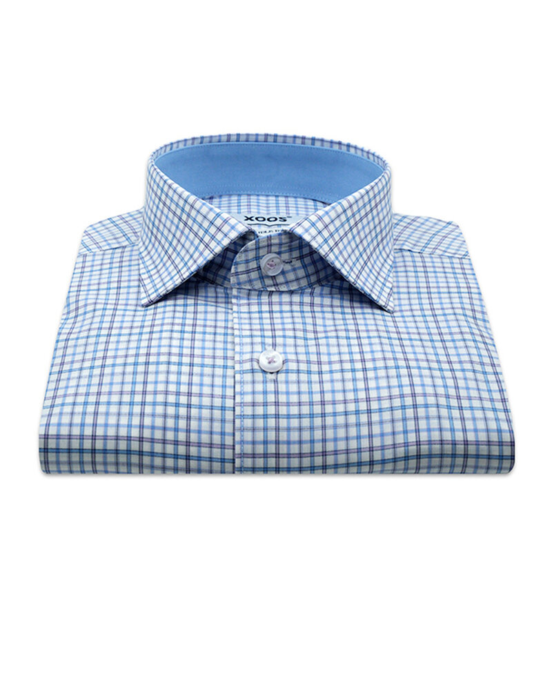 XOOS Men's fitted dress shirt with blue and mauve checks (Double Twisted)