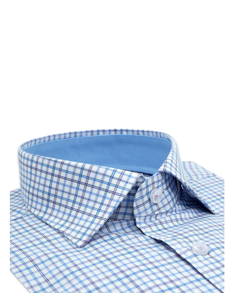 XOOS Men's fitted dress shirt with blue and mauve checks (Double Twisted)