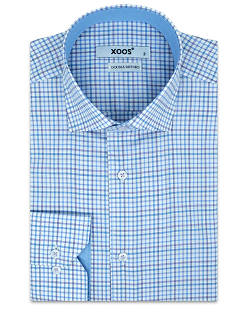 XOOS Men's fitted dress shirt with blue and mauve checks (Double Twisted)