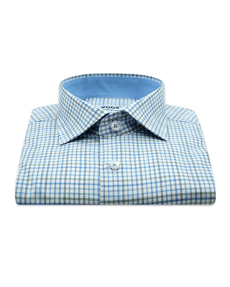 XOOS Men's fitted dress shirt with blue and green checks (Double Twisted)