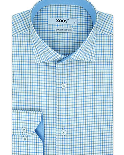 Men's fitted dress shirt with blue and green checks (Double
