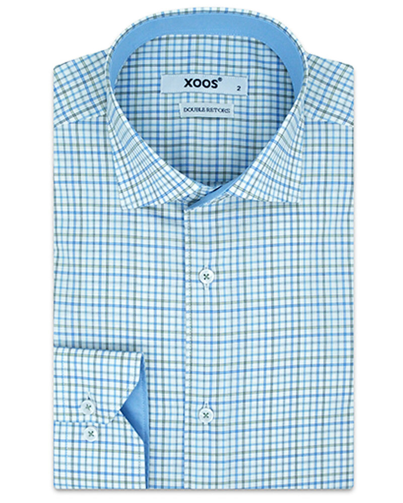 XOOS Men's fitted dress shirt with blue and green checks (Double Twisted)