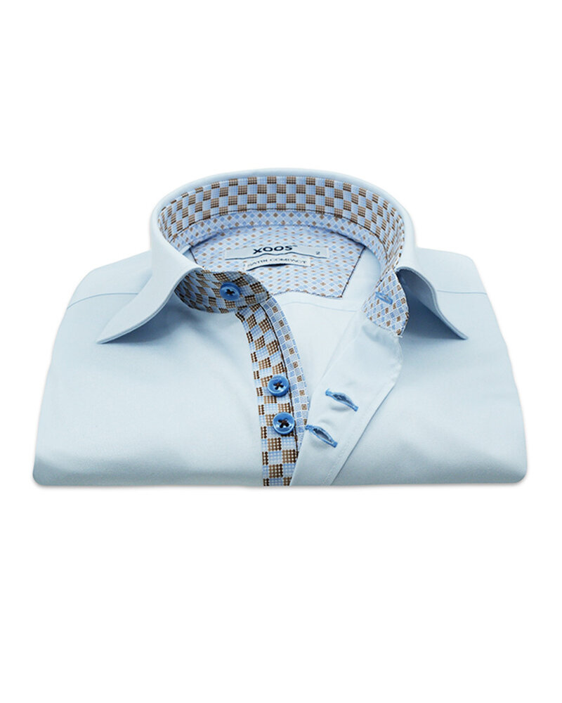 XOOS Men's sky-blue shirt with double chest buttons and brown printed lining
